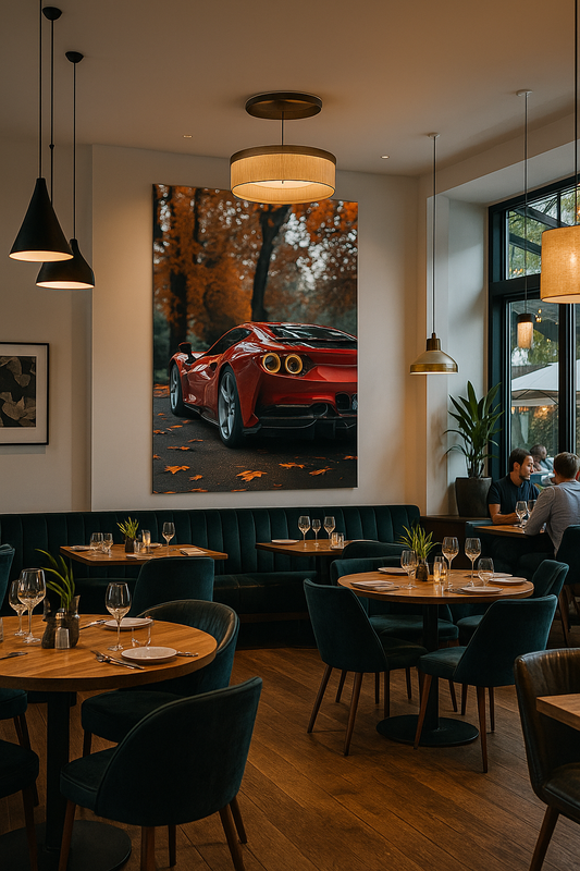 Autumn Elegance: Red Sports Car Art Print | Luxury Meets Nature