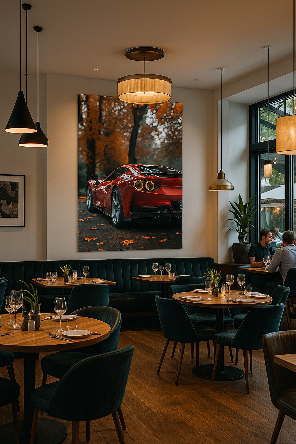 Autumn Elegance: Red Sports Car Art Print | Luxury Meets Nature