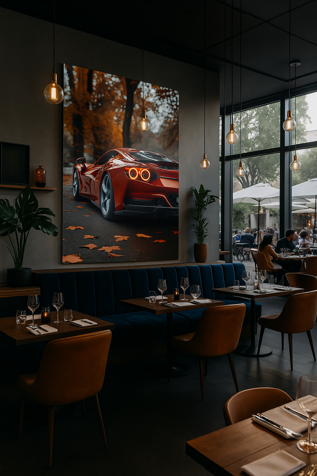 Autumn Elegance: Red Sports Car Art Print | Luxury Meets Nature