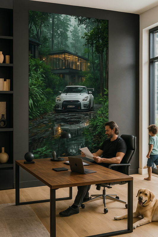 Forest Serenity: Nissan GT-R in the Rain – Modern Cabin Art Print | Nature Meets Performance