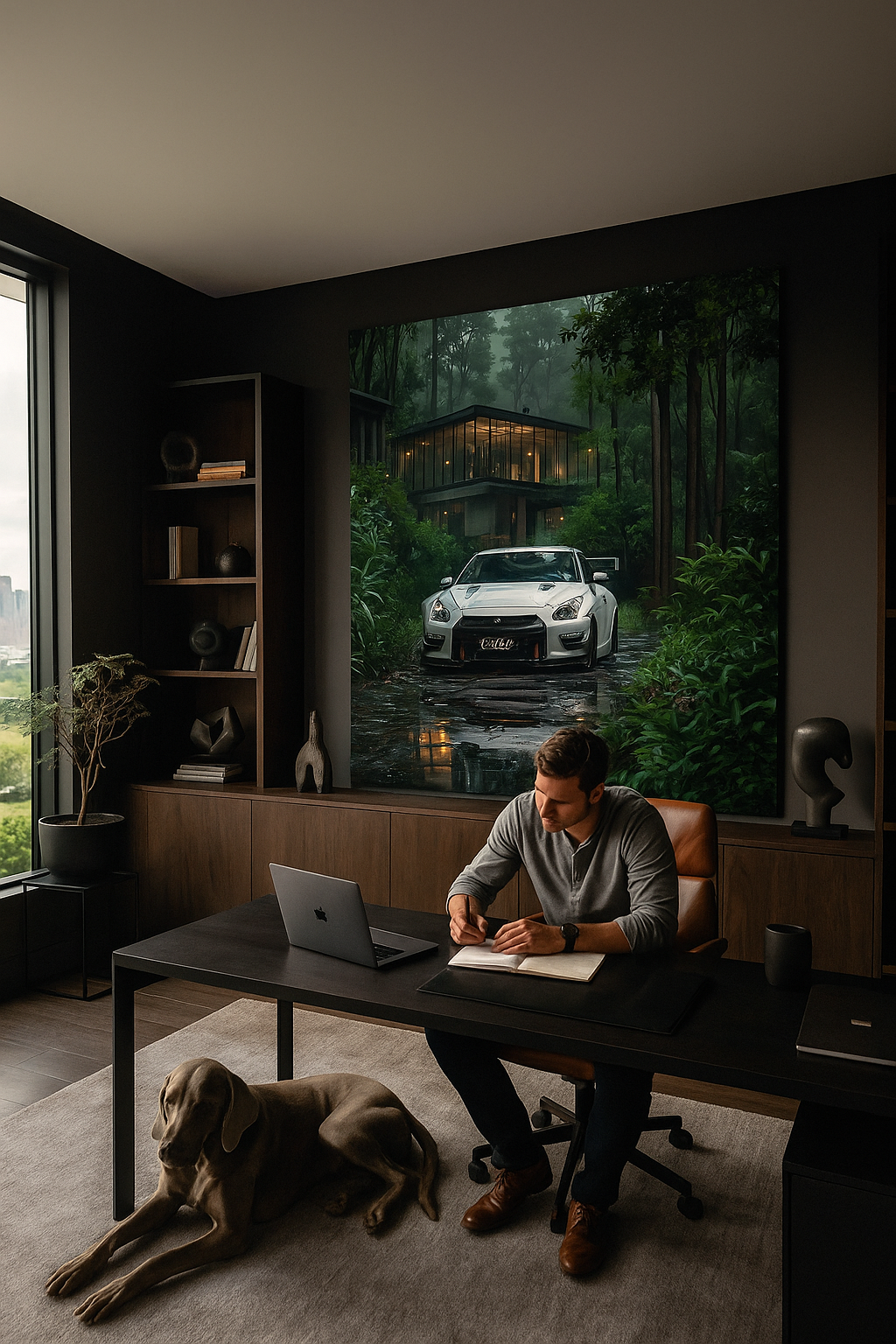 Forest Serenity: Nissan GT-R in the Rain – Modern Cabin Art Print | Nature Meets Performance