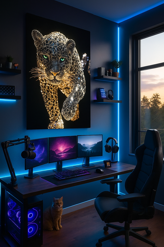 Diamond Panther: Luxe Crystal Art Print | Glittering Black Jaguar in Motion