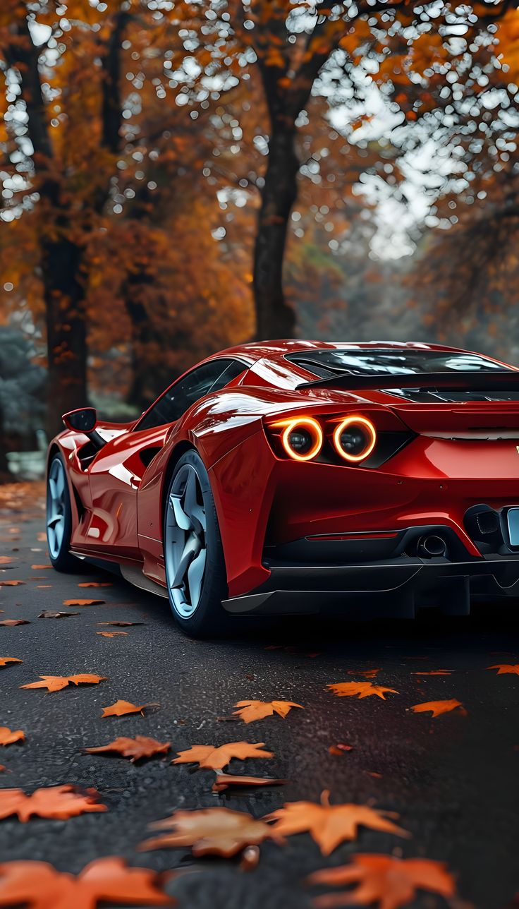 Autumn Elegance: Red Sports Car Art Print | Luxury Meets Nature