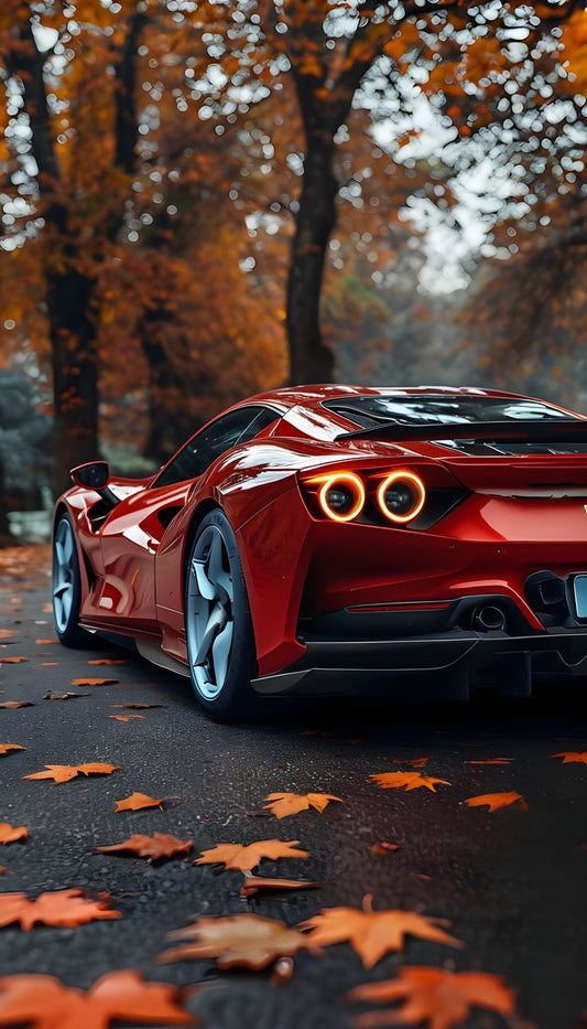 Autumn Elegance: Red Sports Car Art Print | Luxury Meets Nature