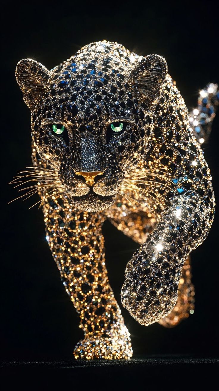 Diamond Panther: Luxe Crystal Art Print | Glittering Black Jaguar in Motion