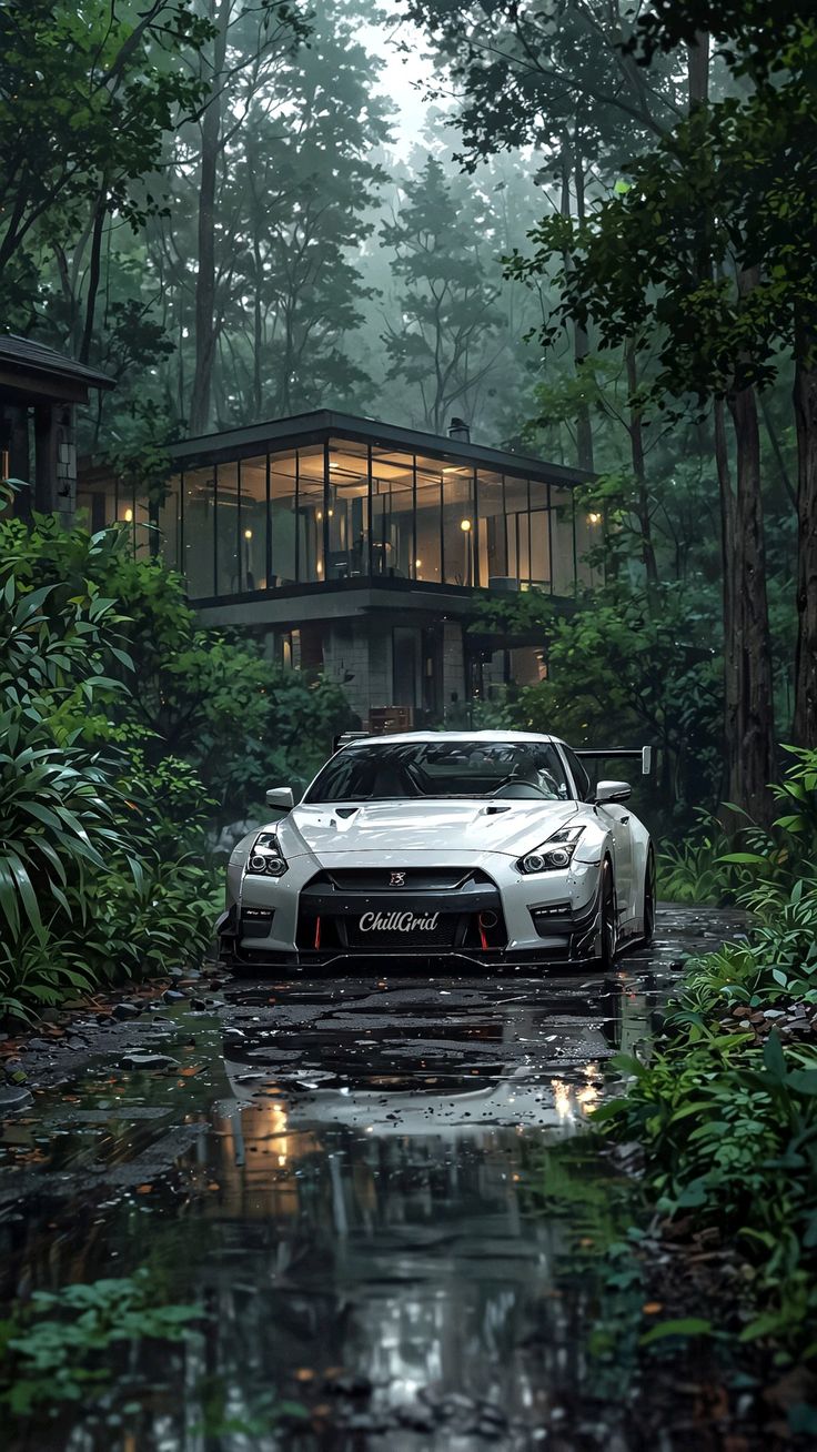 Forest Serenity: Nissan GT-R in the Rain – Modern Cabin Art Print | Nature Meets Performance