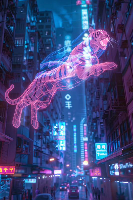 Cyberpunk Jungle: Neon Tiger in the City | Futuristic Urban Art